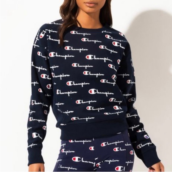 Champion Tops - Champion Reverse Weave Navy Blue Logo Print Long Sleeve Sweat Shirt Top Medium